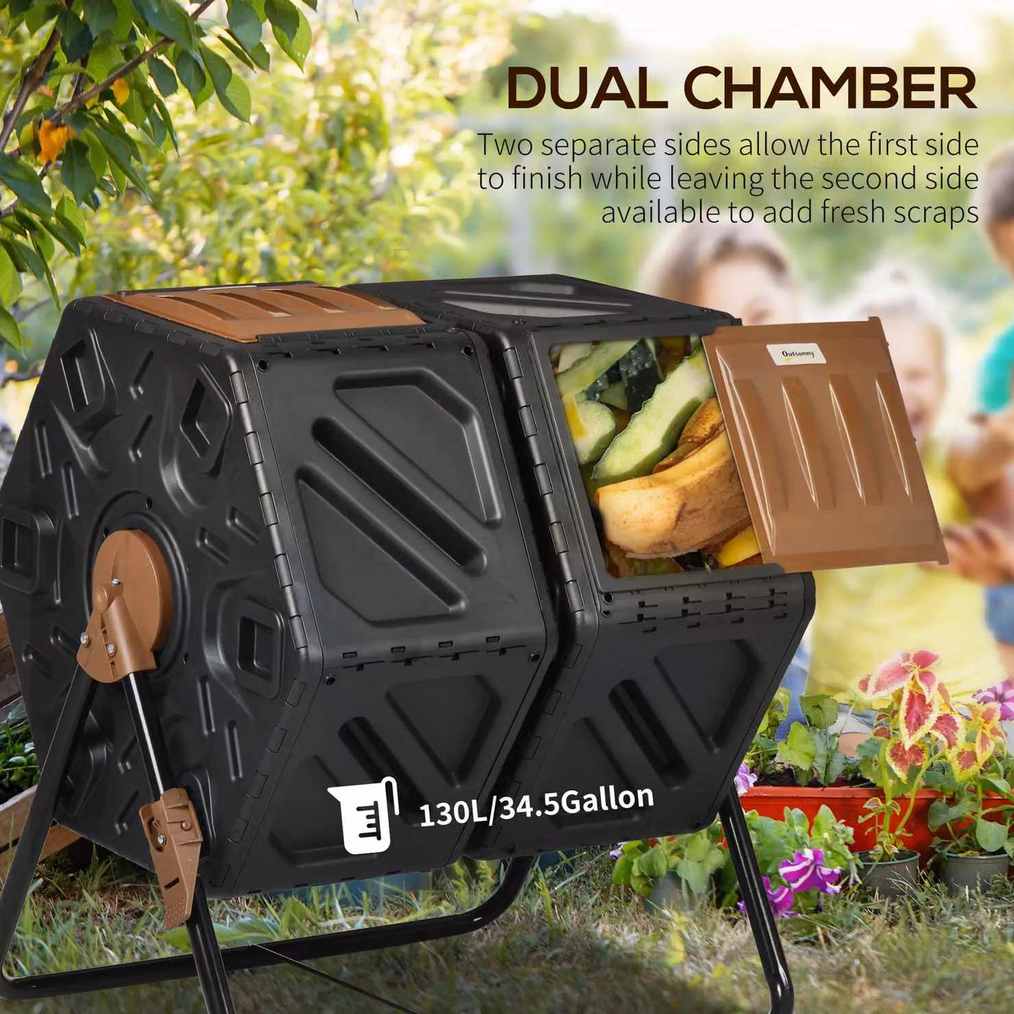 OUTSUNNY 130L Dual Chamber Rotating Compost Bin with Ventilation Holes, Dark Brown, W/D/H: 77 x 67 x 60 cm – 4