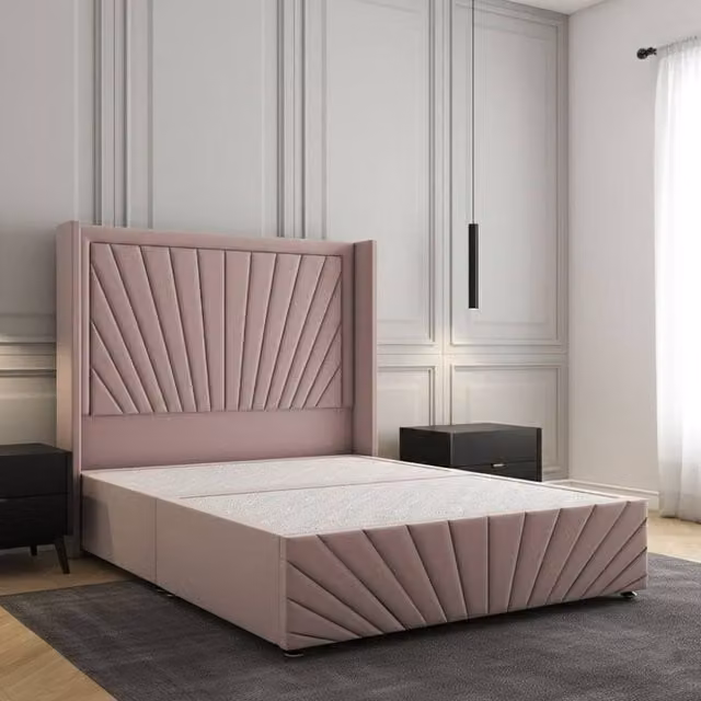 Regional Furnishings Pink Velvet Upholstered Single Divan Bed with Geometric Headboard and Footboard, W/D/H: 90 x 190 cm