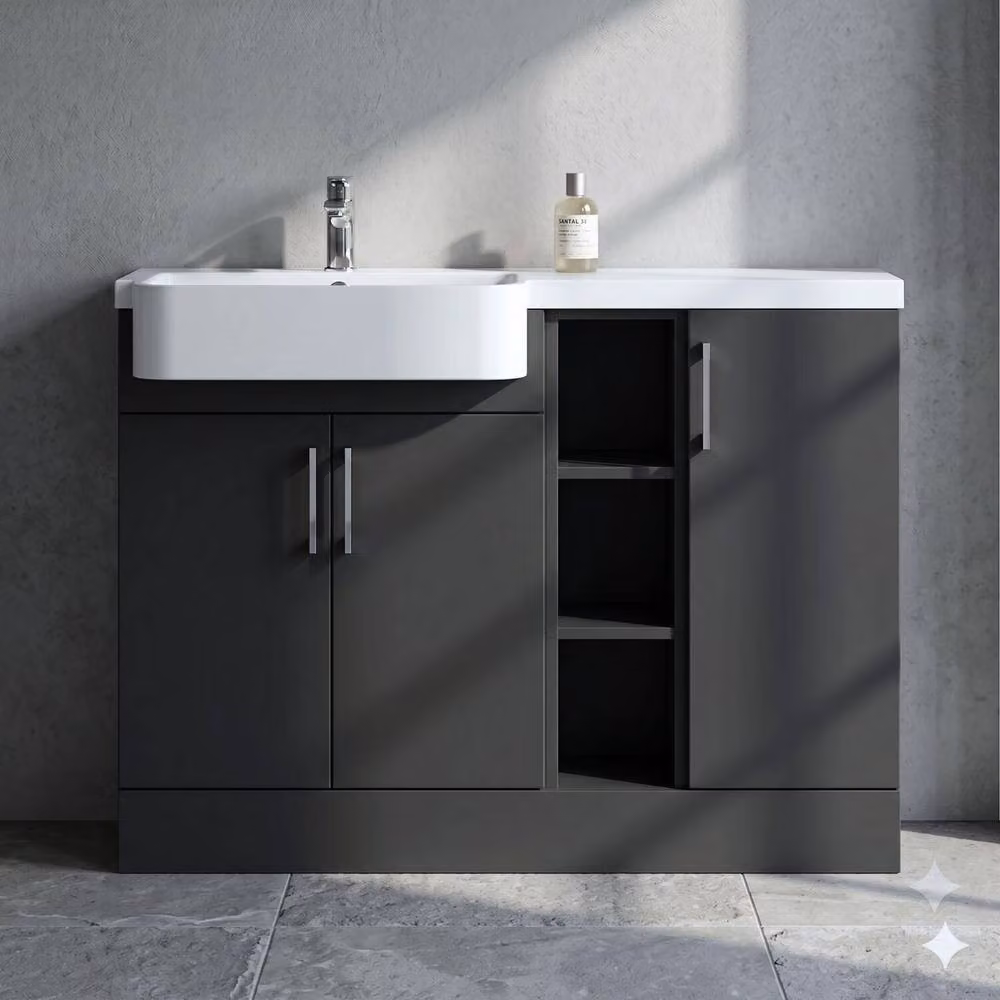 Balterley Wichnor Modern Freestanding 3 Door Combination Bathroom Vanity Unit with Open Shelves and Soft Close Doors, Grey, W: 110 cm, D: 60.75 cm, H: 85.5 cm – 3