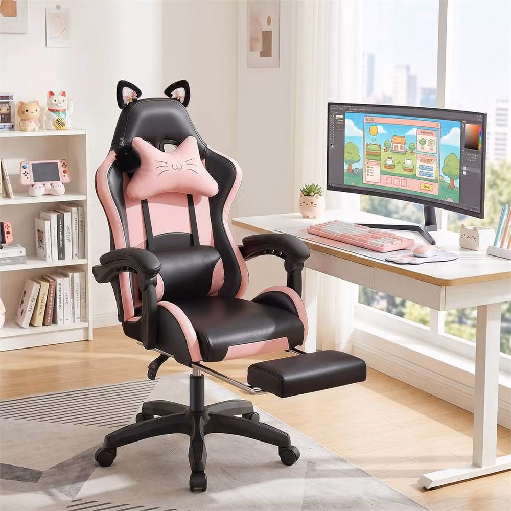 NESTLUNE Pink and Black Gaming Chair with Cat Ears, Height Adjustable Synthetic Leather Chair with Headrest and Armrests, W/D/H: 100 x 100 x 100 cm – 4