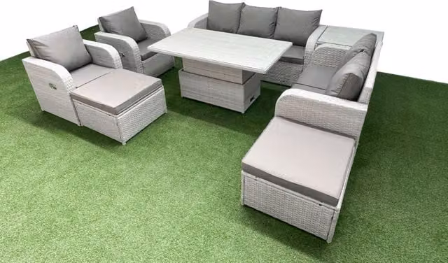 Fimous Grey PE Rattan Garden Furniture Set with 2 Seater Outdoor Sofa, 2 Reclining Chairs and Coffee Table