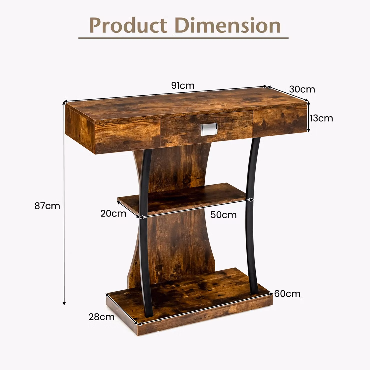 Costway T-Shaped Industrial Console Table and Narrow Sofa Side Table with Display Shelves in Brown – 2