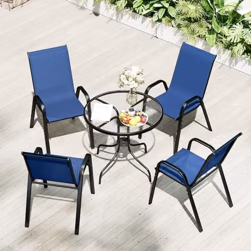 Outsunny 5 Piece Garden Dining Set with Round Glass Table and Stackable Chairs in Blue – 7
