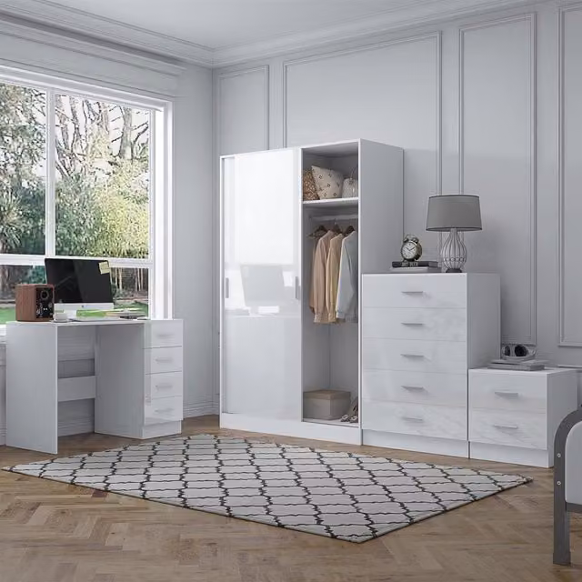 REFLECT Bedroom Furniture Bundle including Sliding Wardrobe, Tall Chest, Bedside Table and Desk in White Gloss and Matt White