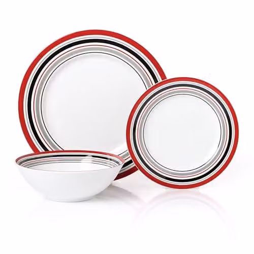 Waterside Brompton 12-Piece Burgundy and White Striped Porcelain Dinner Set