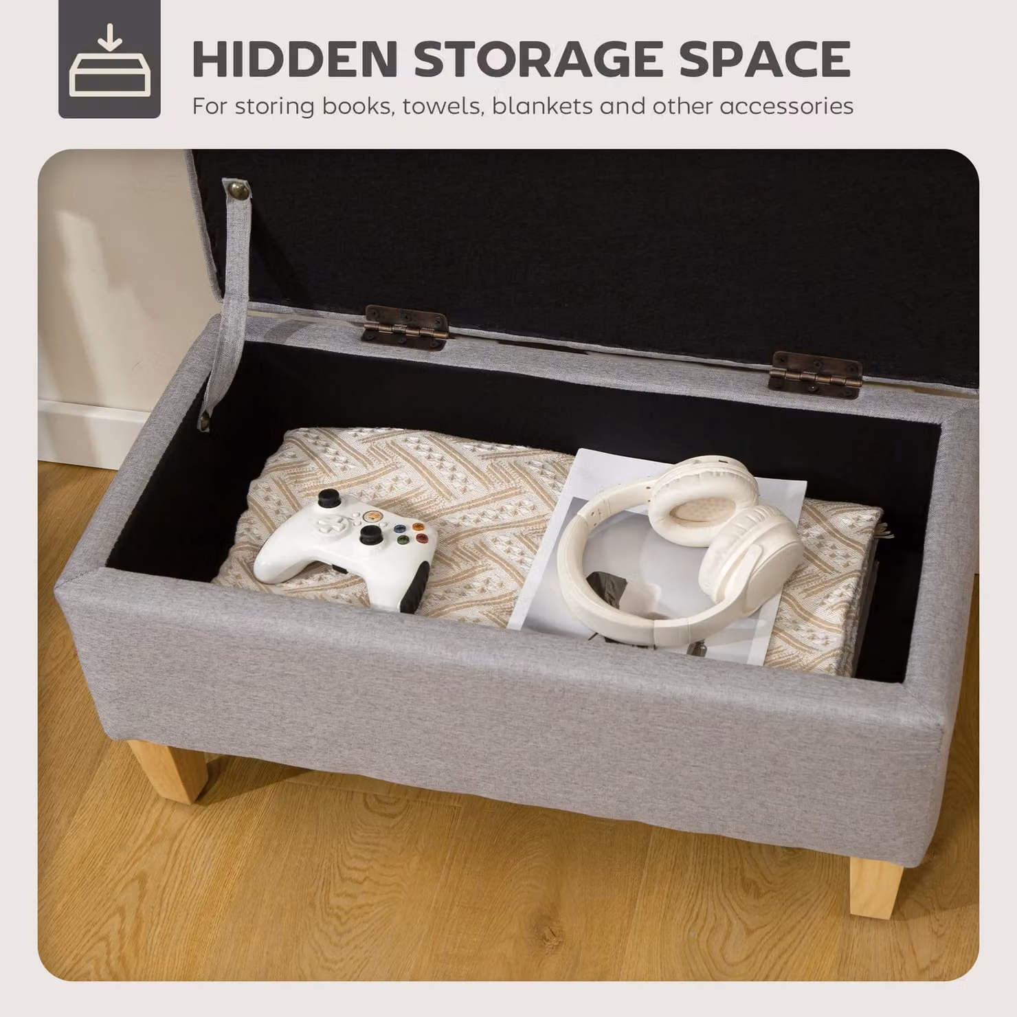 HOMCOM Linen Storage Ottoman Padded Footstool with Rubberwood Legs, Light Grey, W/D/H: 71.0 x 37.0 x 36.0 cm – 3