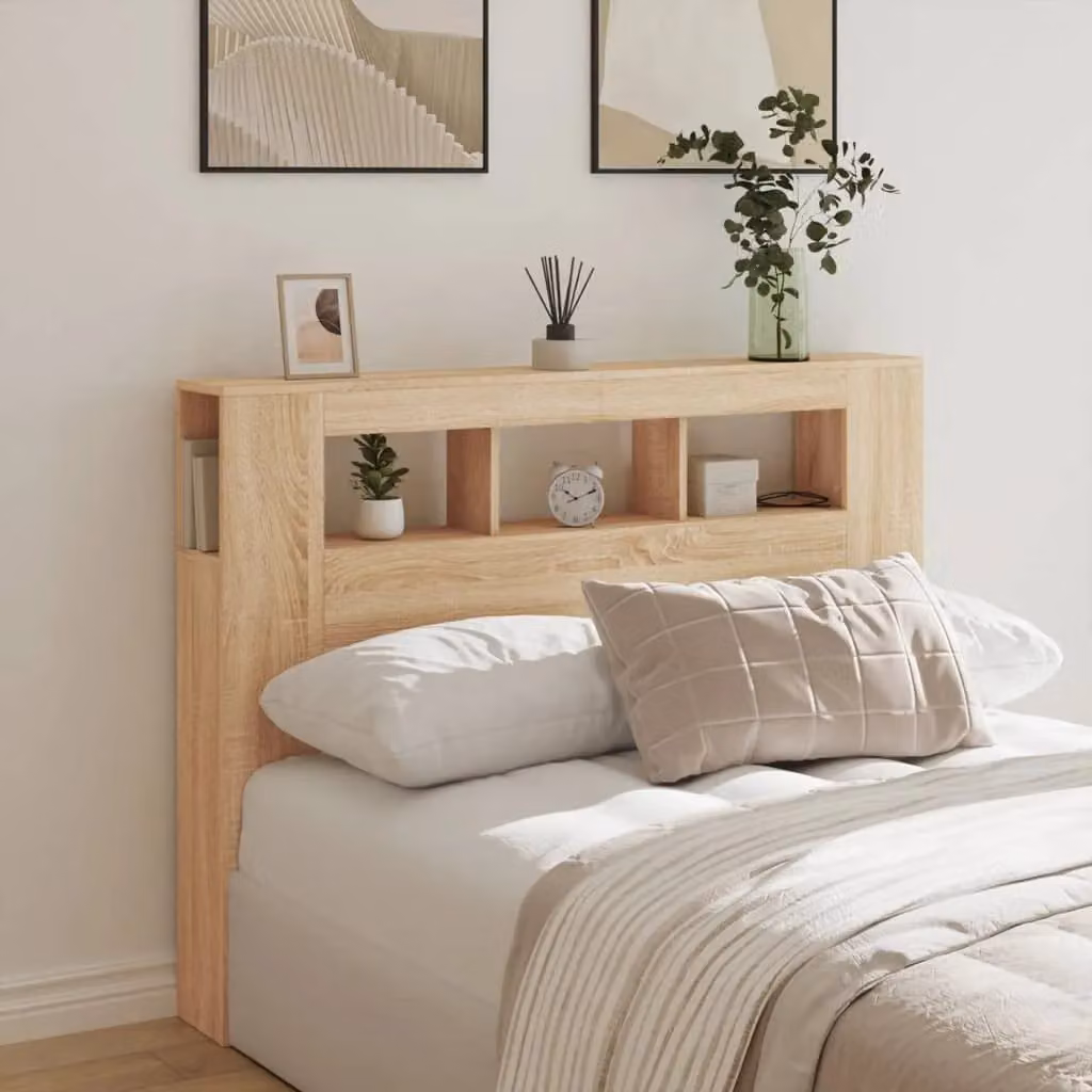 Berkfield Home Sonoma Oak LED Headboard in Brown with Integrated Lighting, Shelf and USB Charging Port, W/D/H: 140 x 18.5 x 103.5 cm – 2