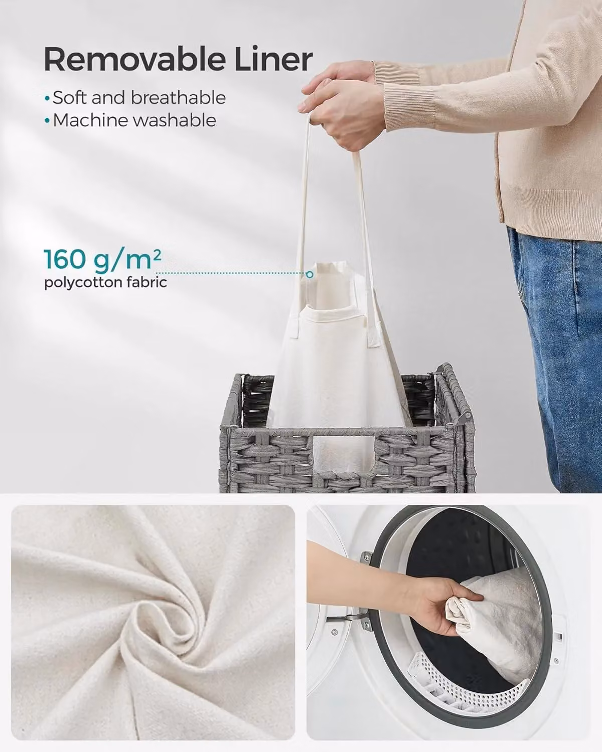 SONGMICS Large Fabric Laundry Storage Basket with Lid and Removable Bag, Grey – 4