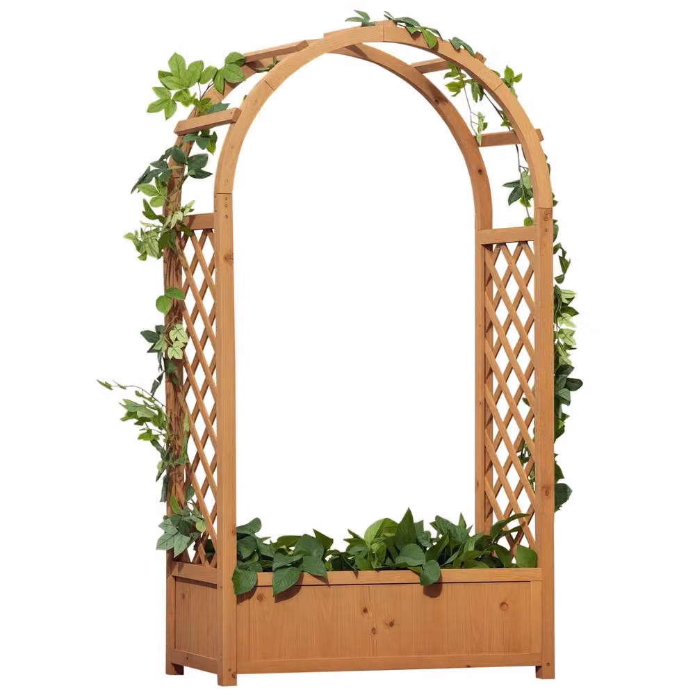 OUTSUNNY Brown Wooden Raised Garden Bed with Arch Trellis, W: 152 cm, D: 83 cm, H: 36 cm – 2