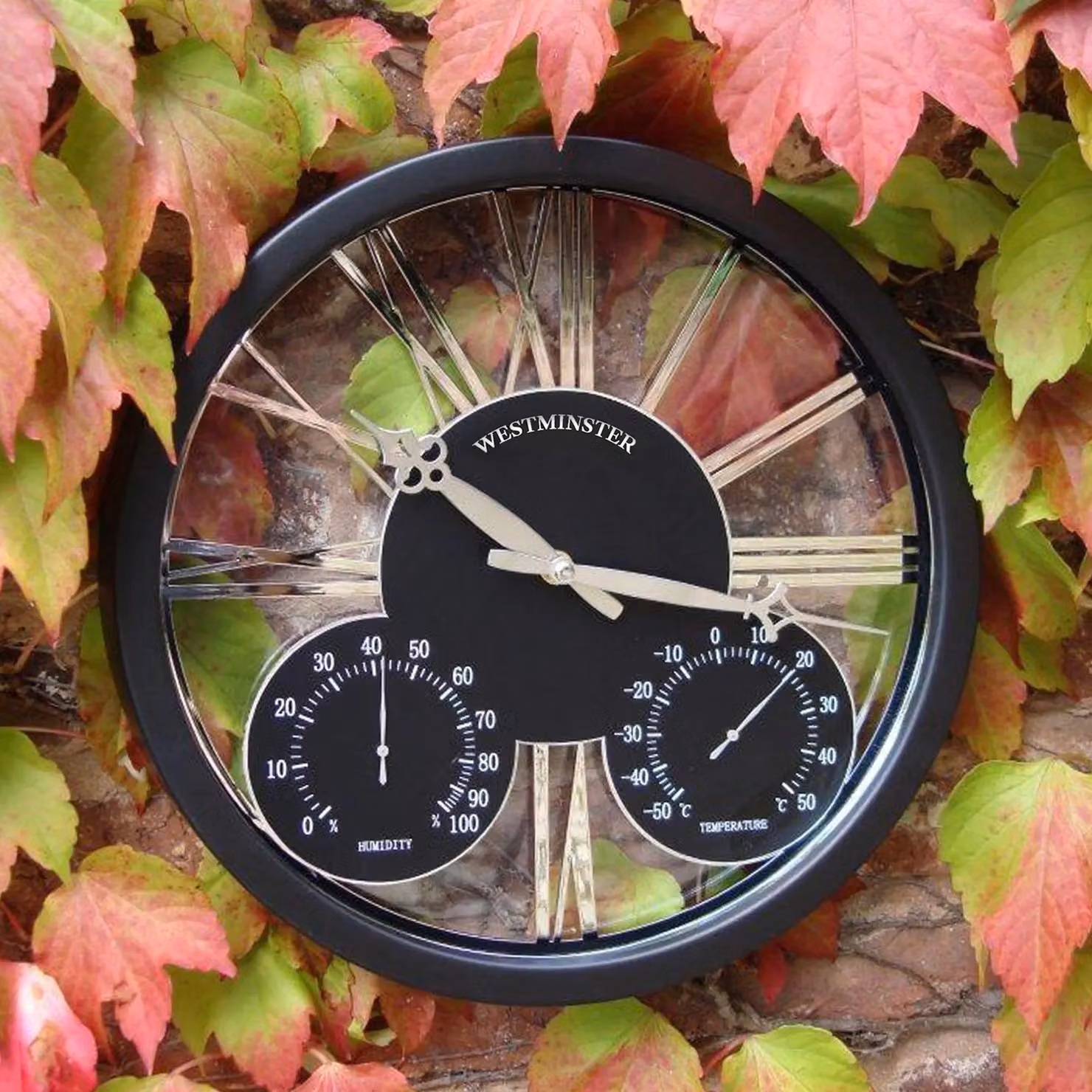 Marco Paul Westminster Analog Clock with Thermometer and Barometer in Black and Bronze, Diameter: 40 cm – 6