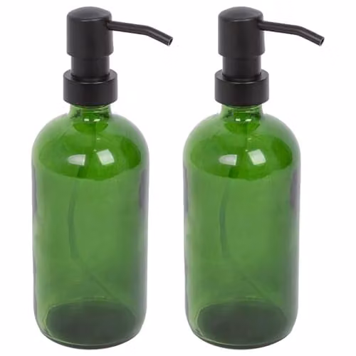 Harbour Housewares Green Glass Soap Dispensers, Pack of 2, 500ml Refillable Bottles with Black Pumps