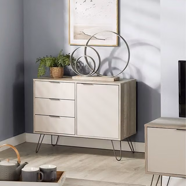 Augusta Driftwood Small Sideboard with 1 Door and 3 Drawers in Grey and Beige