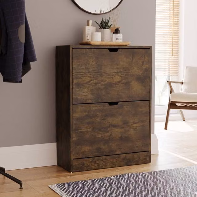 HD Designs Vida Designs Modern 2 Drawer Brown Wood Shoe Cabinet with Tilting Compartments