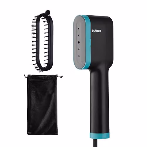 Tower Ceraglide Handheld Garment Steamer with Ceramic Soleplate and Brush Attachment, 1400W, Petrol and Black