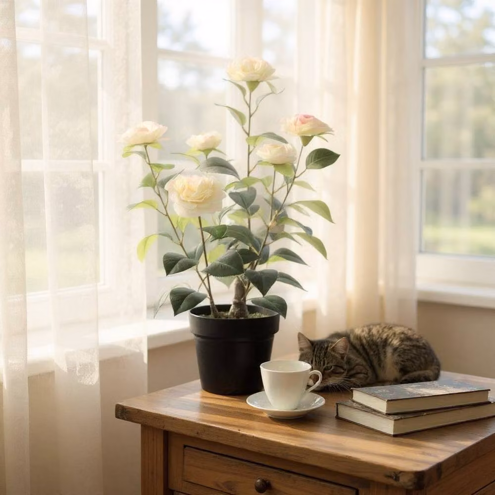 Minster Artificial Camellia Potted Plant in Green, W: 50 cm, D: 50 cm, H: 58 cm – 3