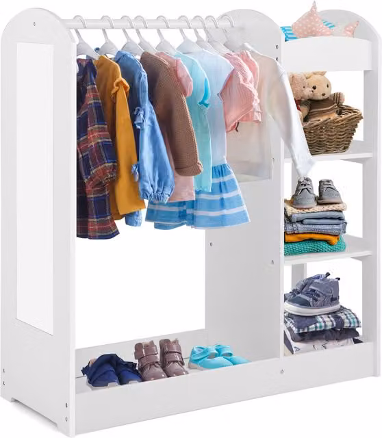Gymax Kids Costume Toy Organiser with Mirror and Hanging Rod, White