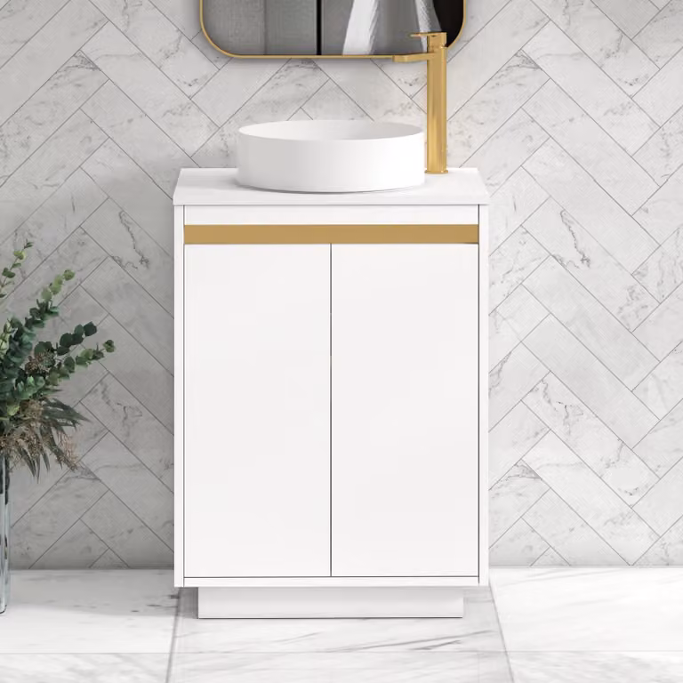 Royal Bathrooms Orion 2 Door Matt White Floor Standing Vanity Unit with Plain White Stone Countertop Basin and Brushed Brass Accent Trim