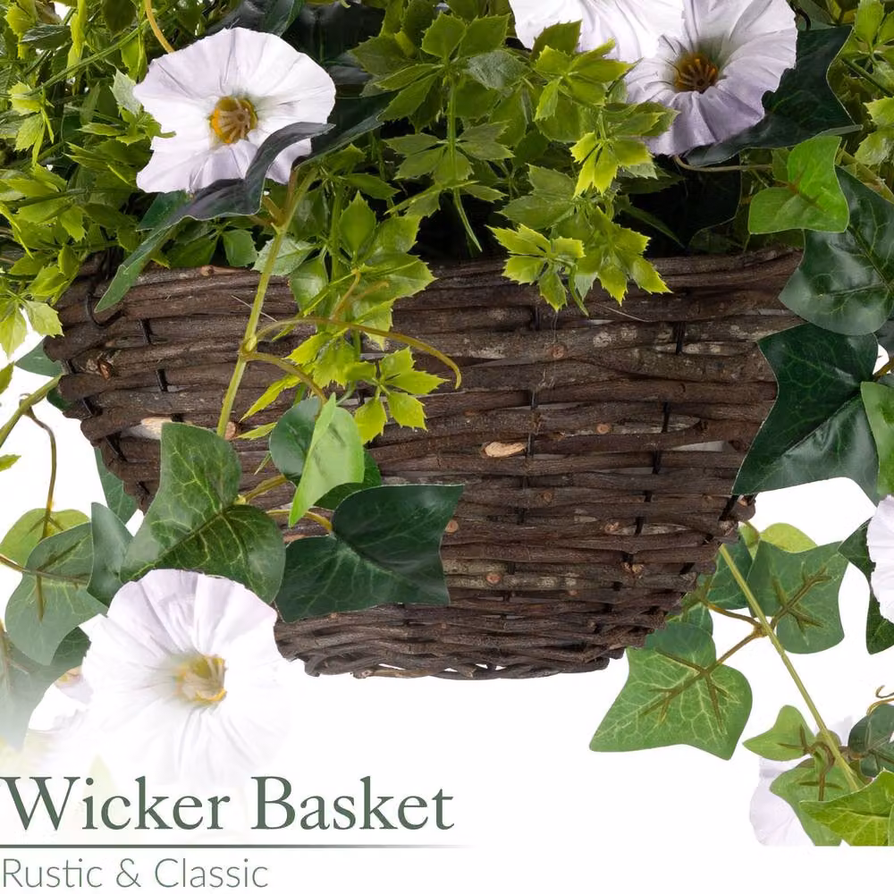 Christow White Artificial Petunia Wicker Hanging Basket with UV Resistant Foliage, Diameter: 30 cm – 4
