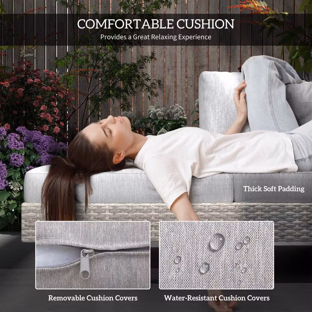Outsunny 3 Piece Grey Rattan Wicker Sofa Set with Tea Table and Cushions – 5