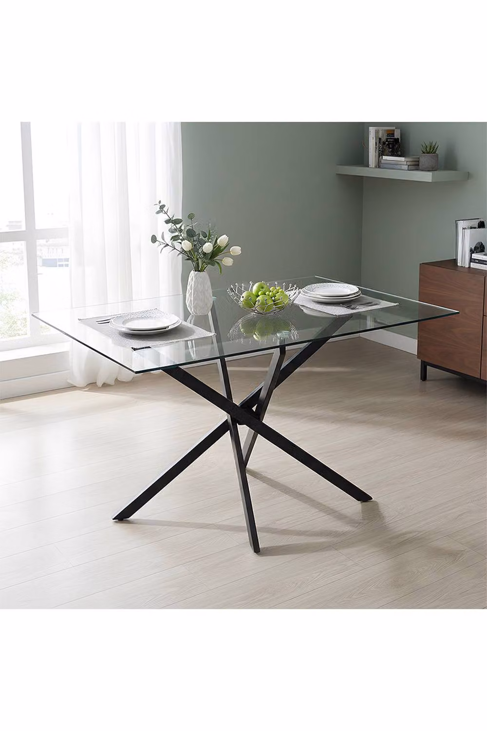 Living and Home Industrial Tempered Glass Side Table with Metal X-Frame Legs in Transparent – 3