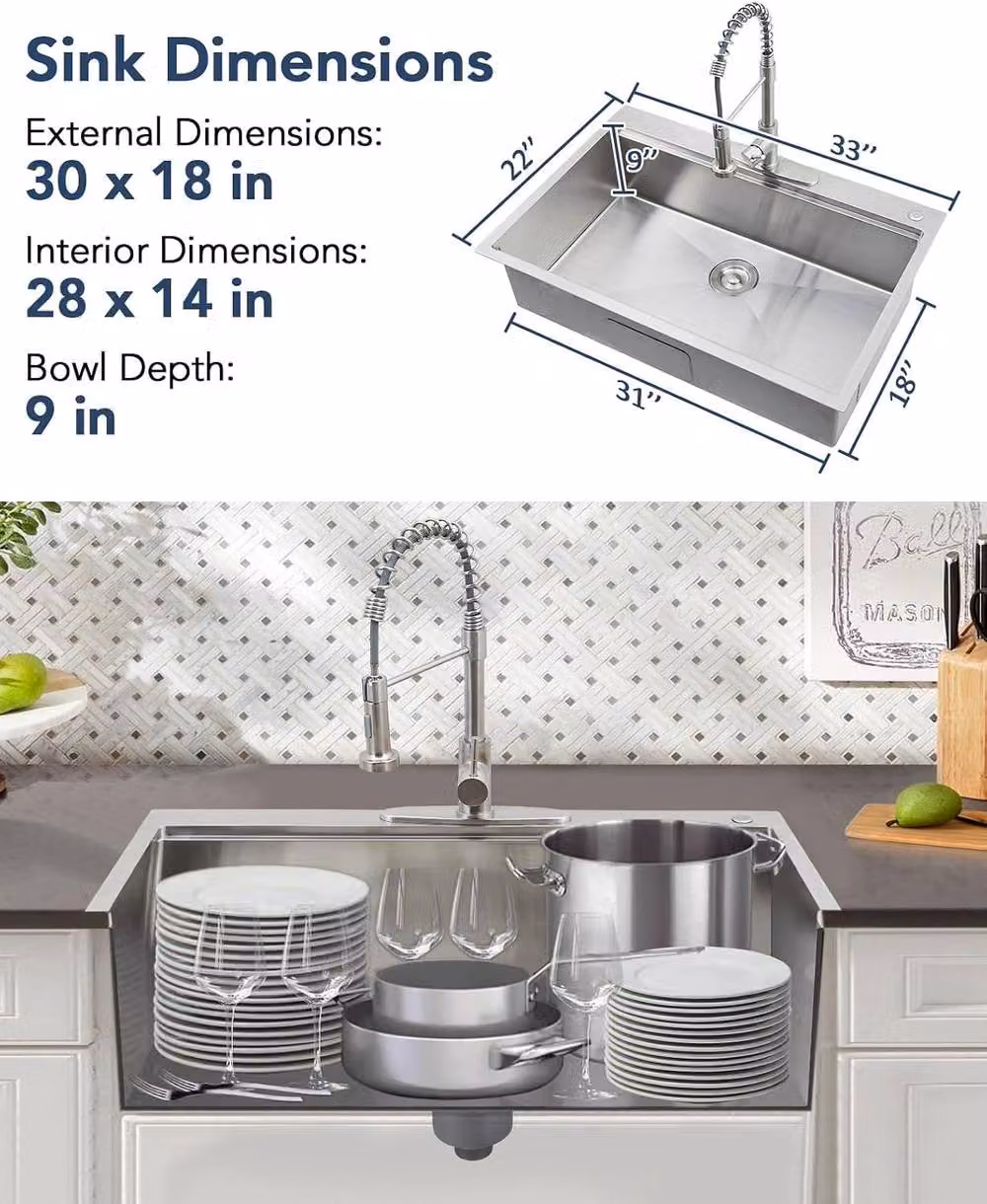 London Boutique Stainless Steel Inset Kitchen Sink in Silver with Drain Basket and Cutting Board – 6