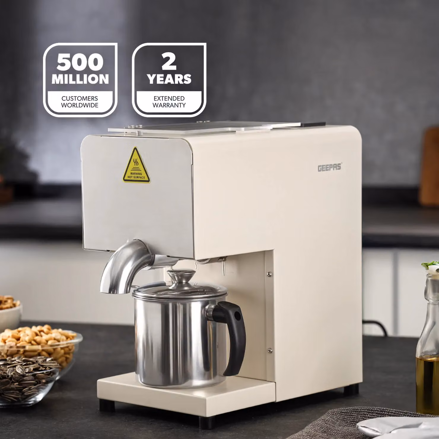 Geepas Household Oil Press Machine Hot and Cold Oil Extractor with Intelligent Temperature Control and Digital Display, 600W, Silver Stainless Steel – 2