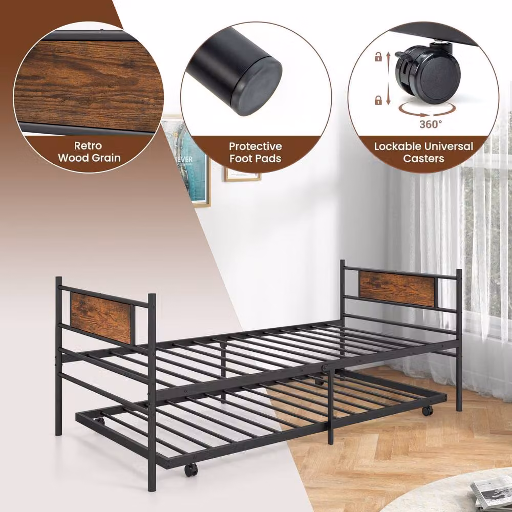 Gymax Metal Daybed with Pull-out Trundle and Headboard in Black, W/D/H: 90 x 200 cm – 5