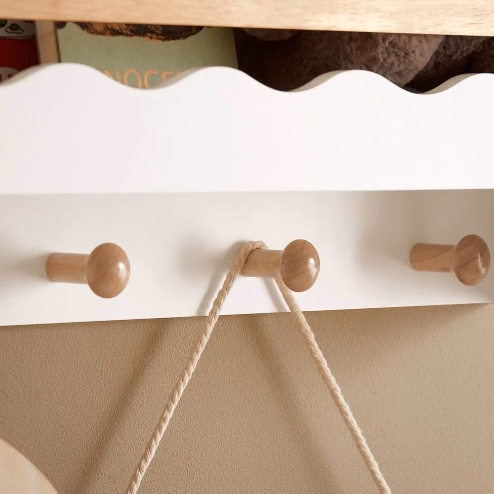 SoBuy Scandinavian Wall Mounted Shelf with 5 Hooks in White and Natural Wood – 3
