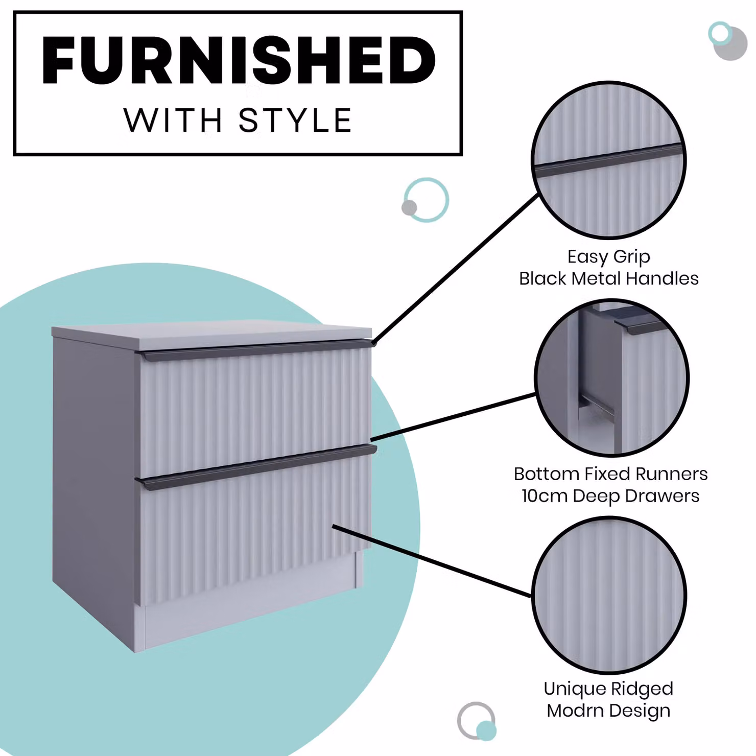 FWStyle Matt Grey 2 Drawer Bedside Cabinet with Abstract Design and Black Metal Handles, H46 x W45 x D40 cm – 3