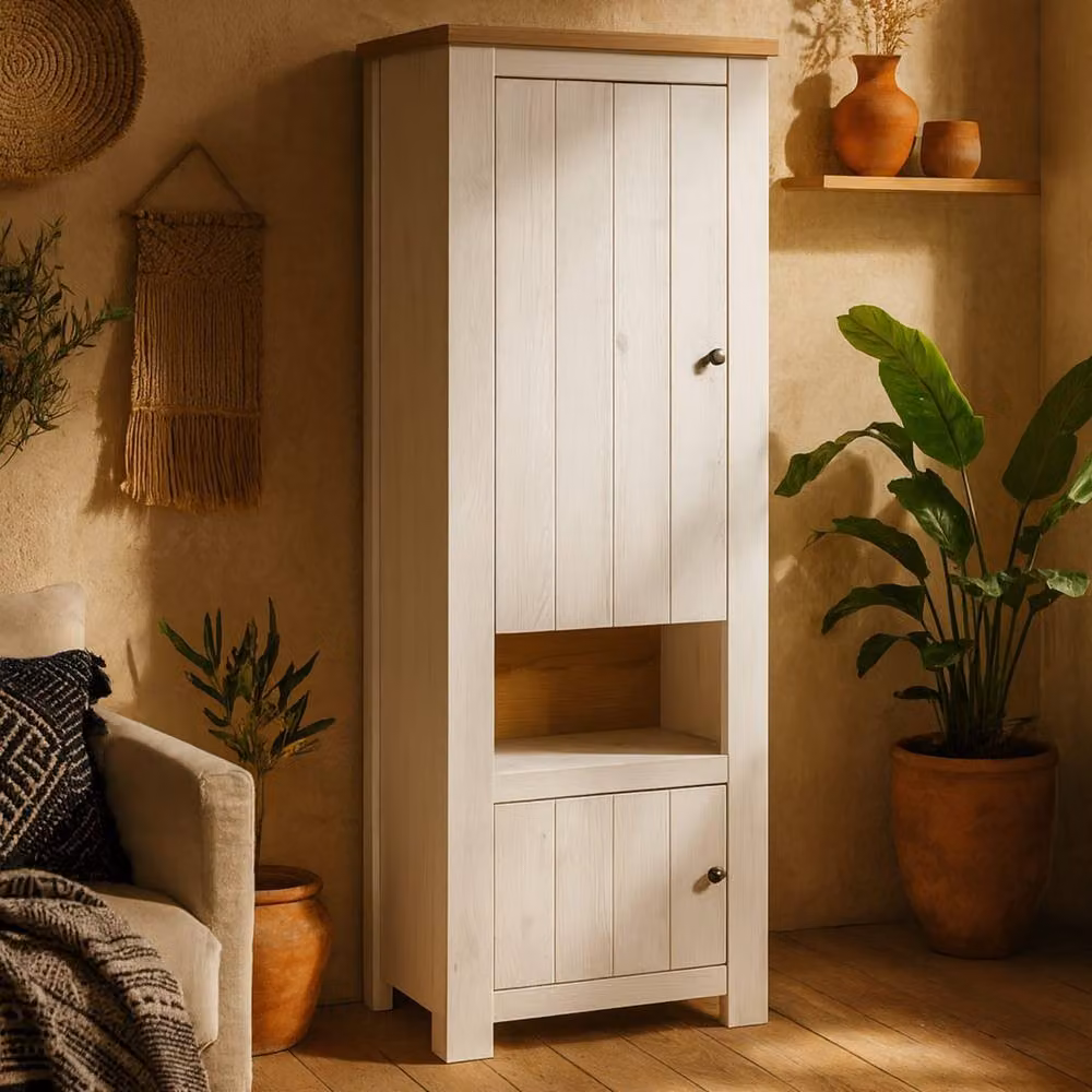 Wyld Haus Tipsyfern Modern 2 Door Tall Cabinet in White and Oak, W/D/H: 74.4 x 38.5 x 200.0 cm – 2