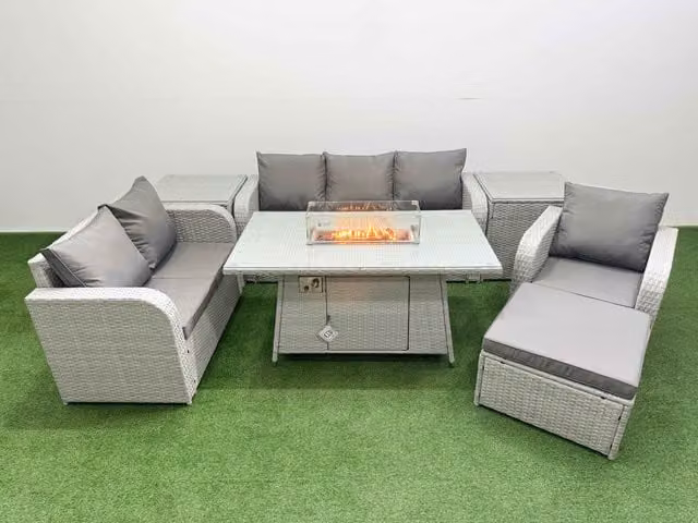 Fimous Patio 7 Seater Grey PE Wicker Rattan Outdoor Furniture Set with Firepit Dining Table, Reclining Chairs, Loveseat, 3 Seater Sofa and Footstool