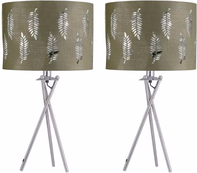 First Choice Lighting Set of 2 Silver Tripod Table Lamps with Sage Green Fern Cut Out Fabric Shades – 1