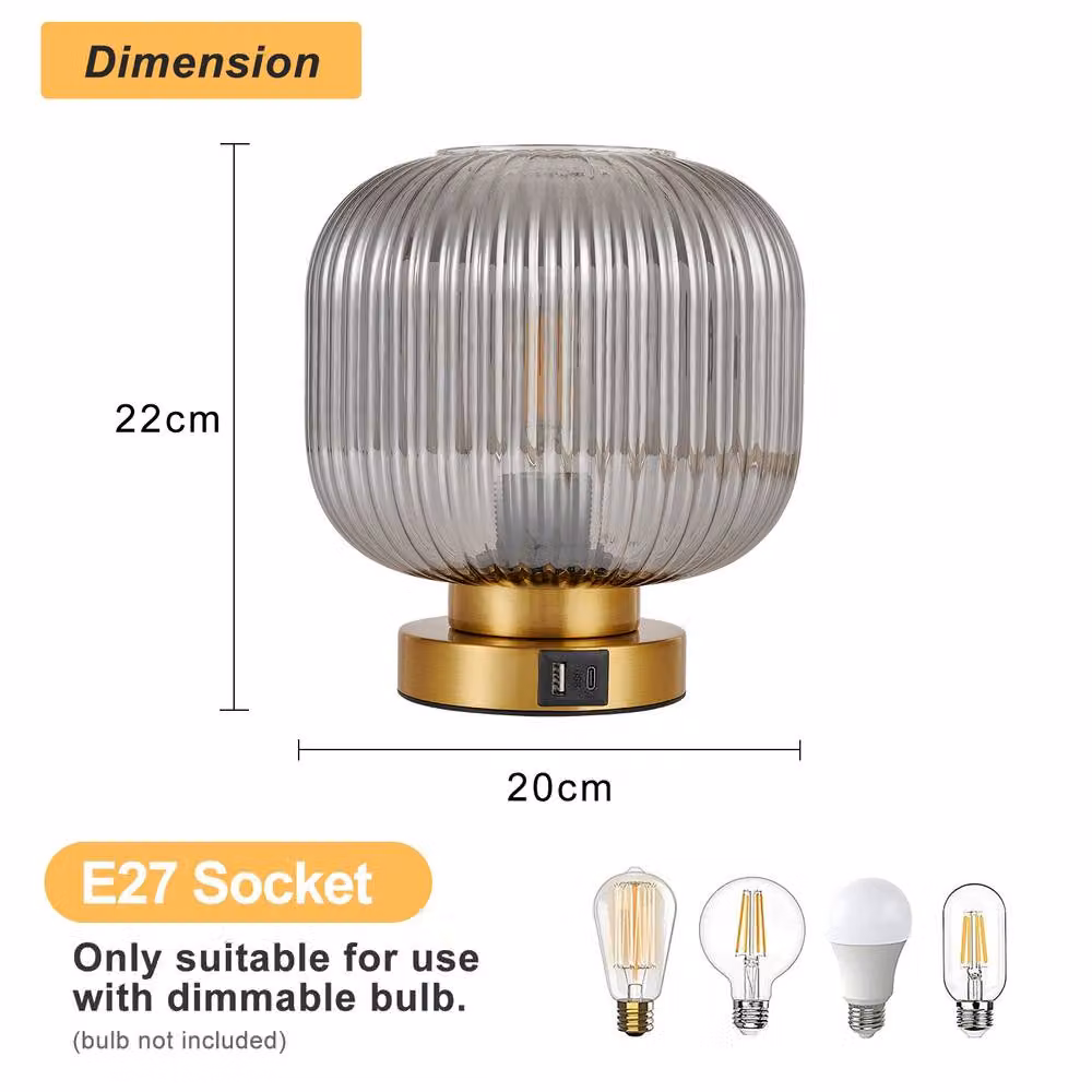 Harper Living Dimmable Touch Control Table Lamp with Smoked Grey Glass Shade and Gold Brass Base, E27 Socket – 3