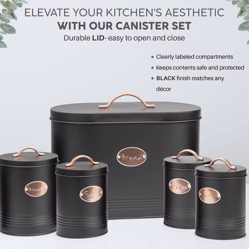 SPETLEK 5-Piece Metal Kitchen Bread Bin and Storage Tin Set in Black – 4