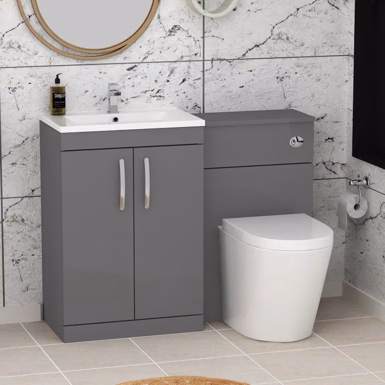 Royal Bathrooms Turin 1100mm Indigo Grey Gloss 2-Door Minimalist Basin and Cesar Back to Wall Toilet Pack