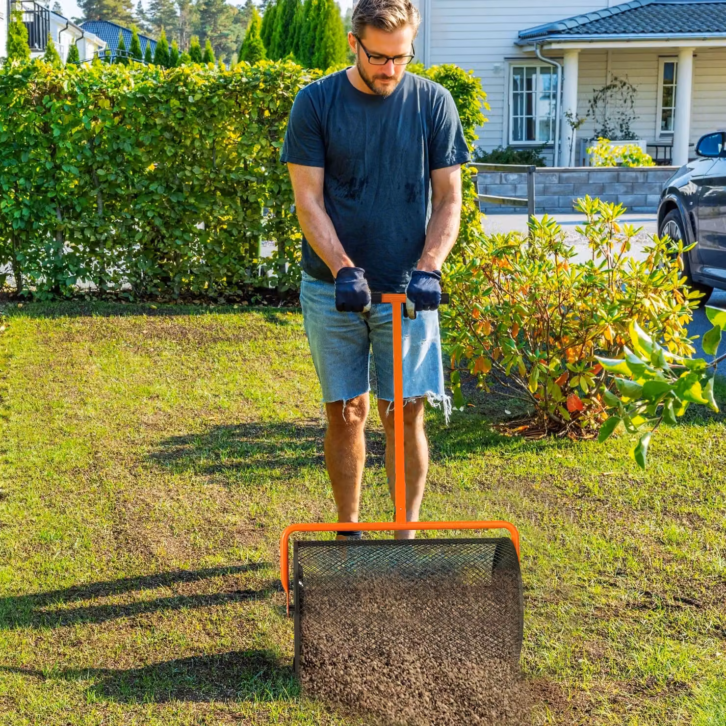 Outsunny Compost Spreader with Height Adjustable T-Shaped Handle and Metal Mesh Basket, Orange, Diameter: 60.96 cm – 2