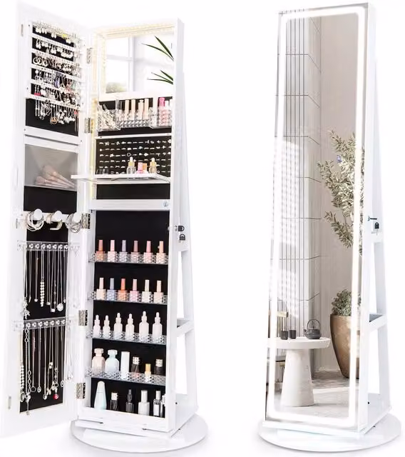 Costway 360 Swivel Lockable Jewelry Makeup Armoire with LED Lights and Mirror in White – 1