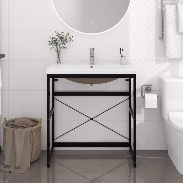 Berkfield Home Modern Bathroom Washbasin Frame with Built-in Ceramic Basin in Matt Black Metal