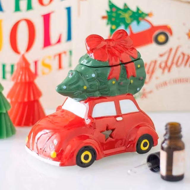 Uniqueful Red Ceramic Car with Christmas Tree Tealight Oil Burner, Height: 15 cm – 1