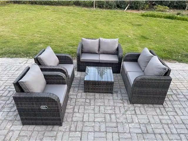 Fimous 6-Seater Rattan Garden Sofa Set with Recliners and Dark Grey Glass Coffee Table