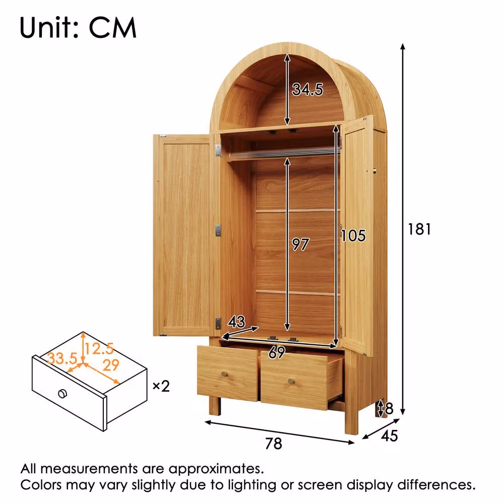 Merax Oak Arched Rattan Effect Wardrobe in Light Oak with Hanging Rail and 2 Internal Drawers – 2