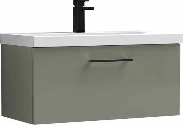 Balterley 800mm Wall Hung 1 Drawer Vanity Basin Unit in Satin Green with Black Handle – 1