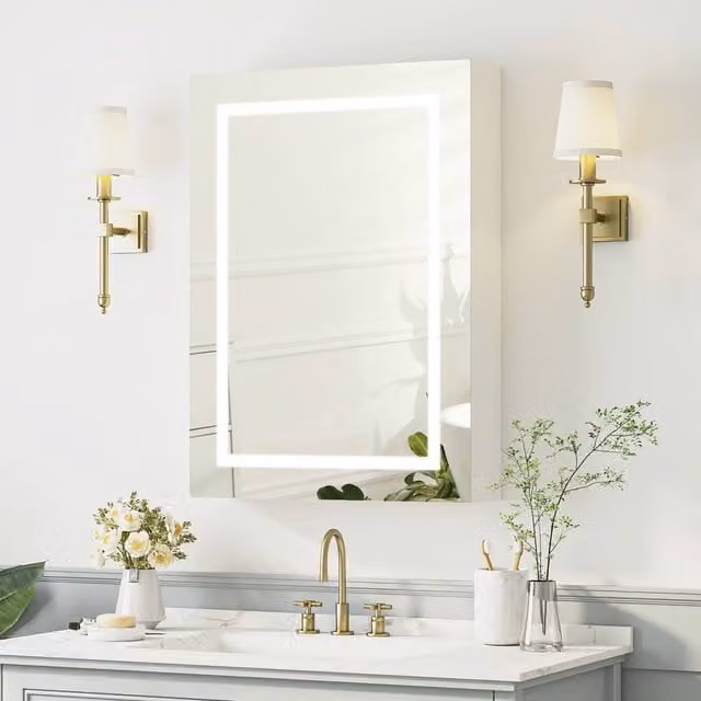 KEEPREAPER Sleek White Bathroom Mirror Cabinet with LED Lighting, Shaver Socket and Internal Shelves, W: 50 cm, H: 70 cm