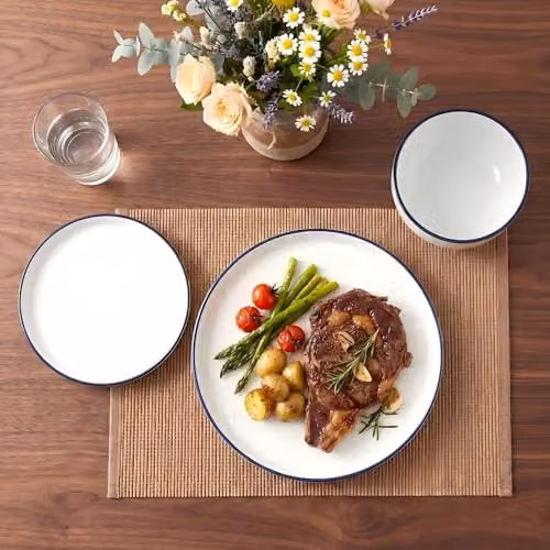 Waterside 12-Piece Porcelain Dinner Set in White and Blue – 3