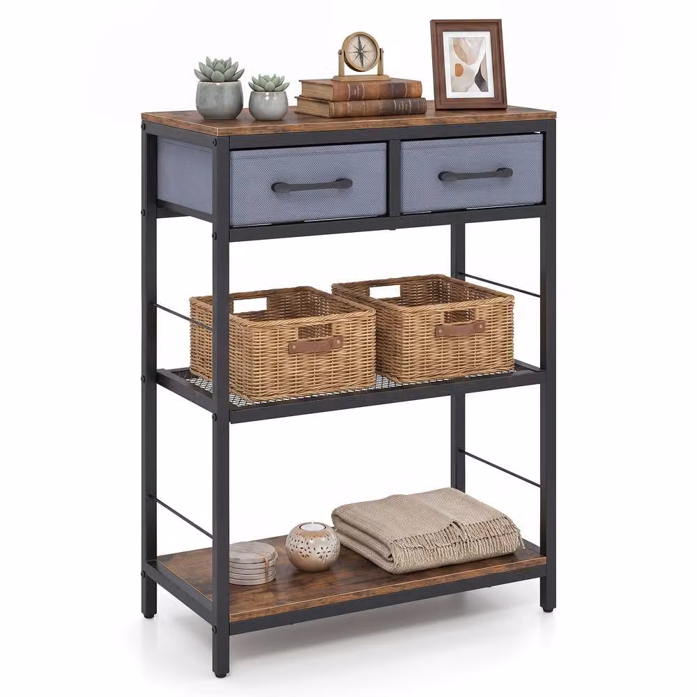 Gymax Narrow Rustic Brown Wood Console Table with 2 Fabric Drawers – 6