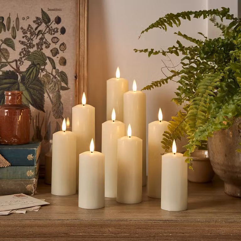 Lights4fun TruGlow Ivory LED Slim Pillar Candles with Remote Control, Flicker Effect and Timer, Set of 9