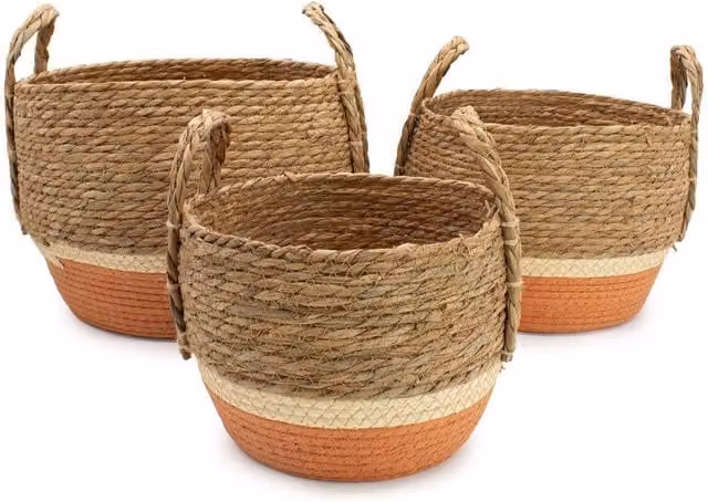 KDMD Set of 3 Natural Orange Straw and Seagrass Open Weave Storage Baskets with Handles – 1