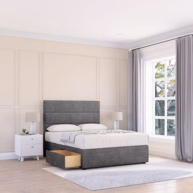 Sloomy Texas King Size Divan Bed Base with 4 Drawers and 26 inch Struts Headboard in Dark Grey Velvet Fabric, W/D/H: 180 x 200 cm