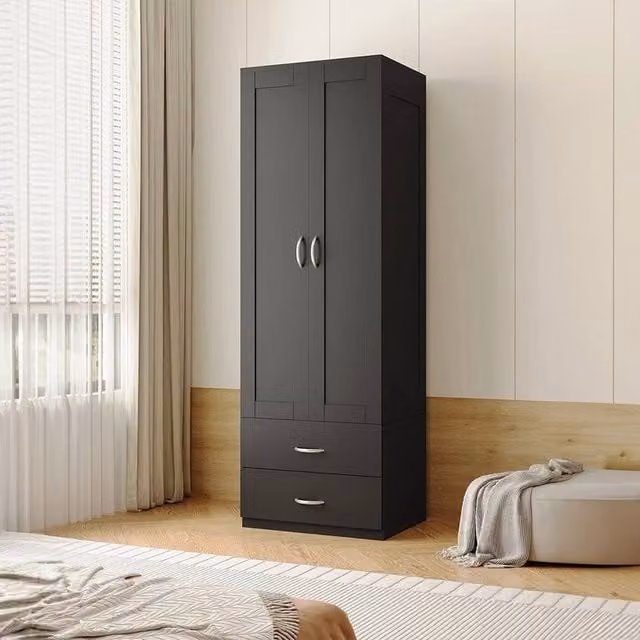 KORVIXA Modern Black Double-Door Wardrobe with Internal Drawers and Hanging Rod, W/D/H: 100 x 100 x 100 cm