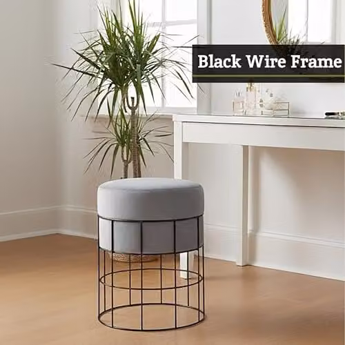Orsina Grey Velvet Round Stool with Black Metal Cage Base – 6